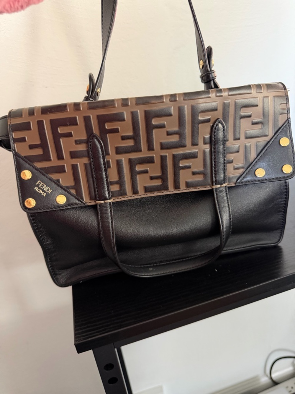 Fendi Black Leather Tote with Brown Embossed FF Panel - Picture 2 of 6